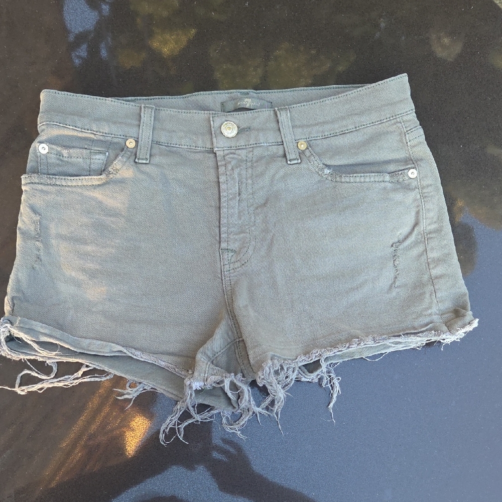 7 For All Mankind Green Frayed Jean Shorts